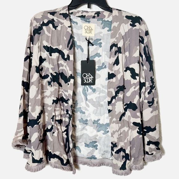 NWT Revolve Chaser Black & Gray Camouflage Open Front Jacket Fringe Kimono - Picture 2 of 5